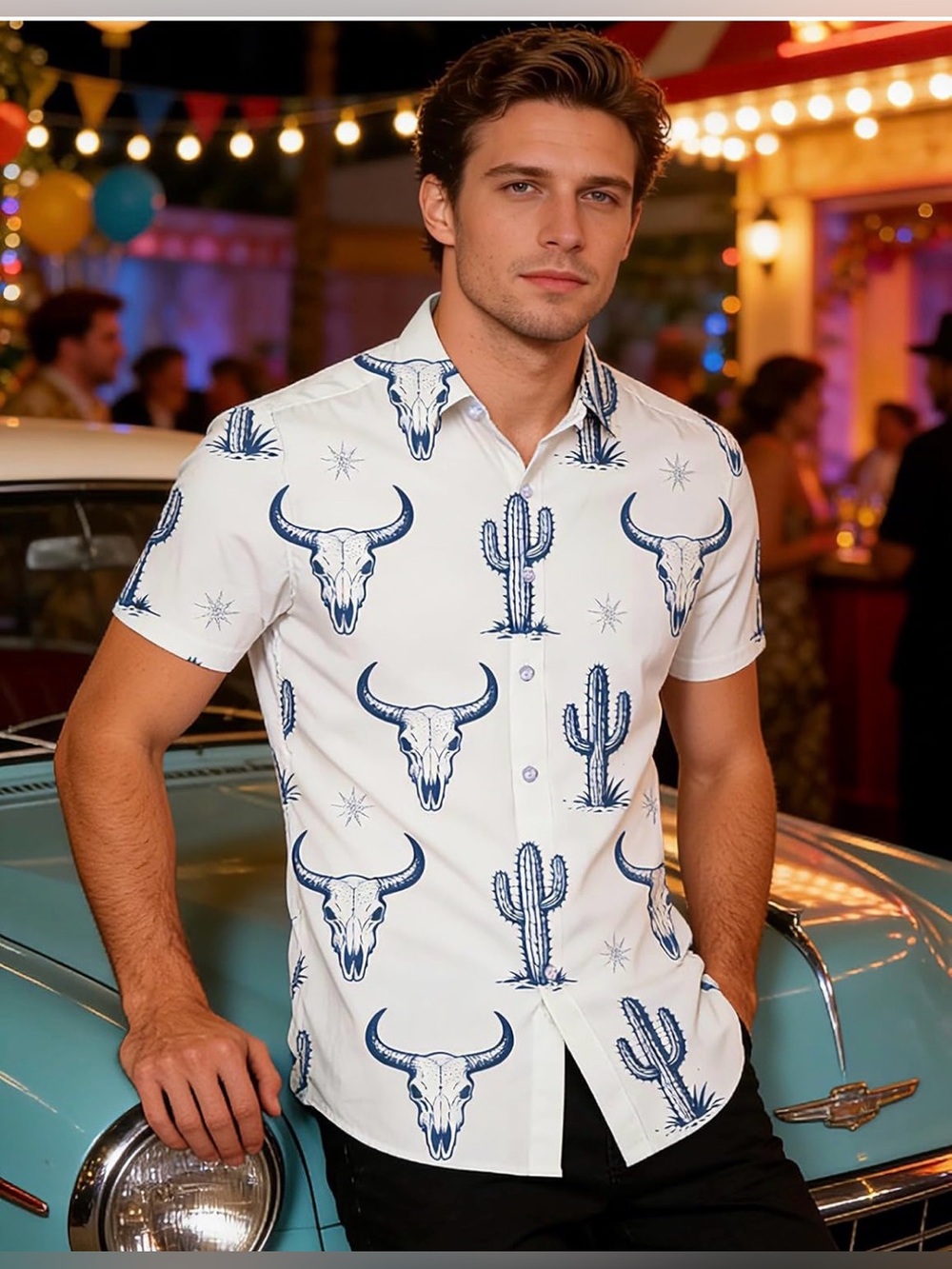 Men's White Short-Sleeve Western Print Shirt